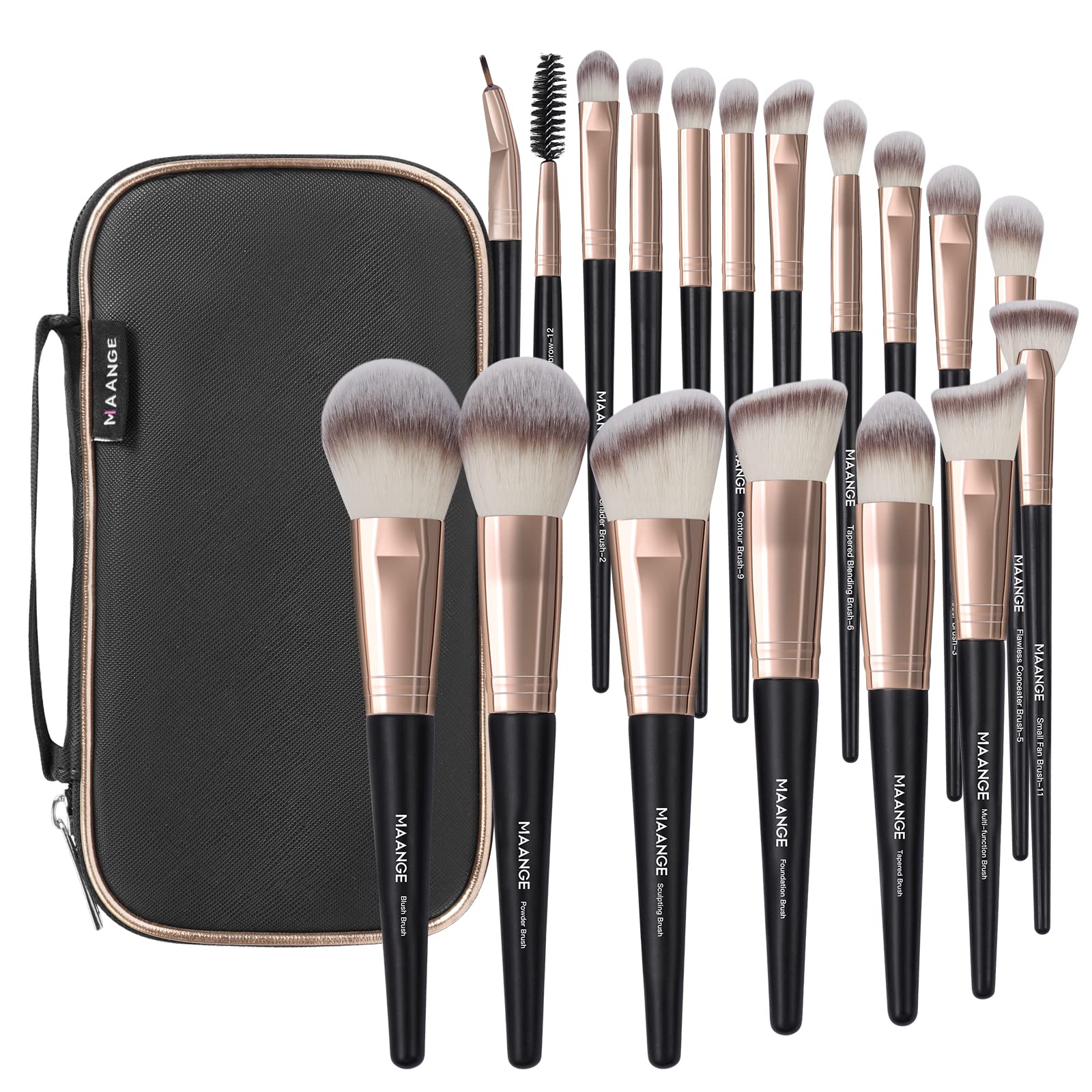 MAANGE 18 Pcs makeup brush set in case coffee front view for flawless application