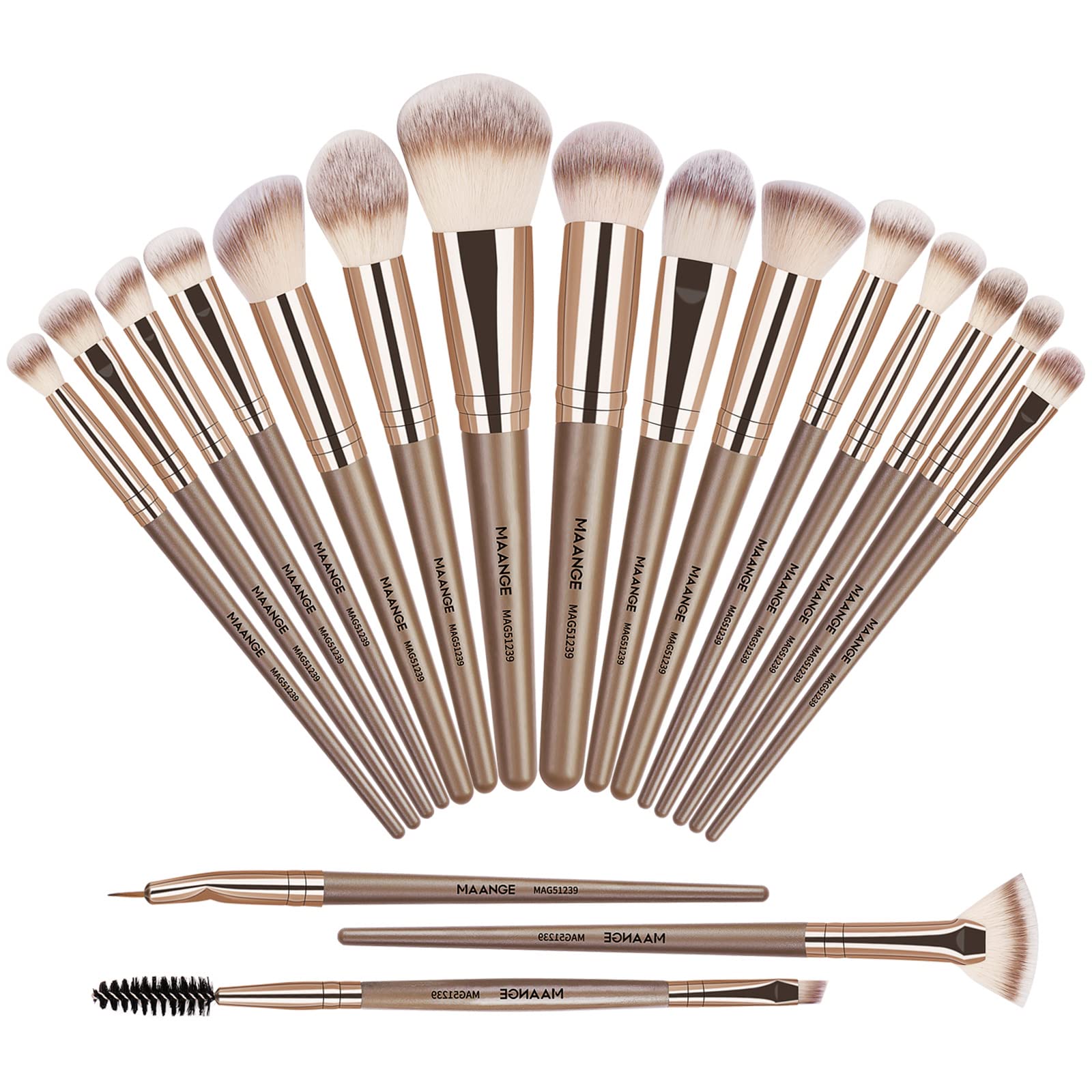 MAANGE 18-piece brush set with champagne finish for smooth foundation blending.