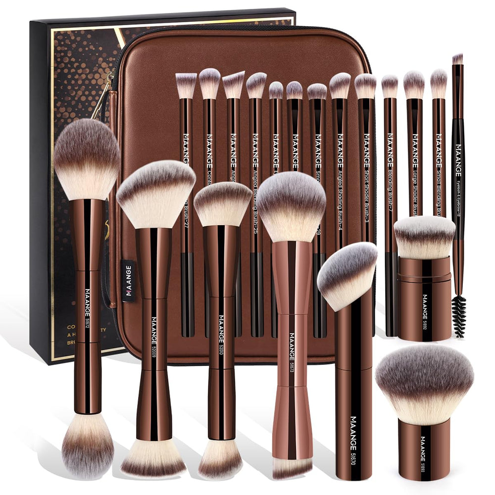 MAANGE 21-piece makeup brush set close-up in coffee case for travel-ready makeup