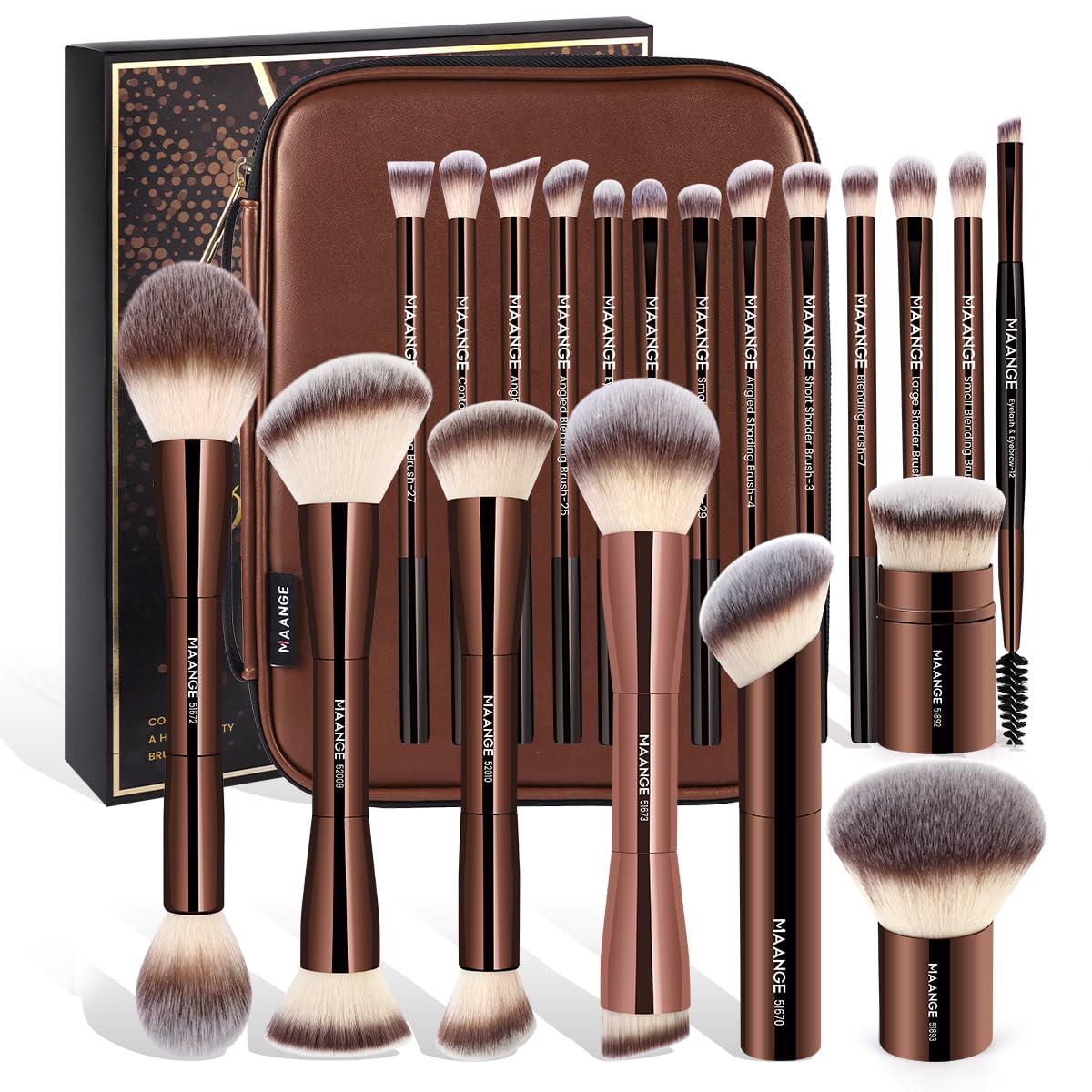 MAANGE 21-piece makeup brush set close-up in coffee case for travel-ready makeup
