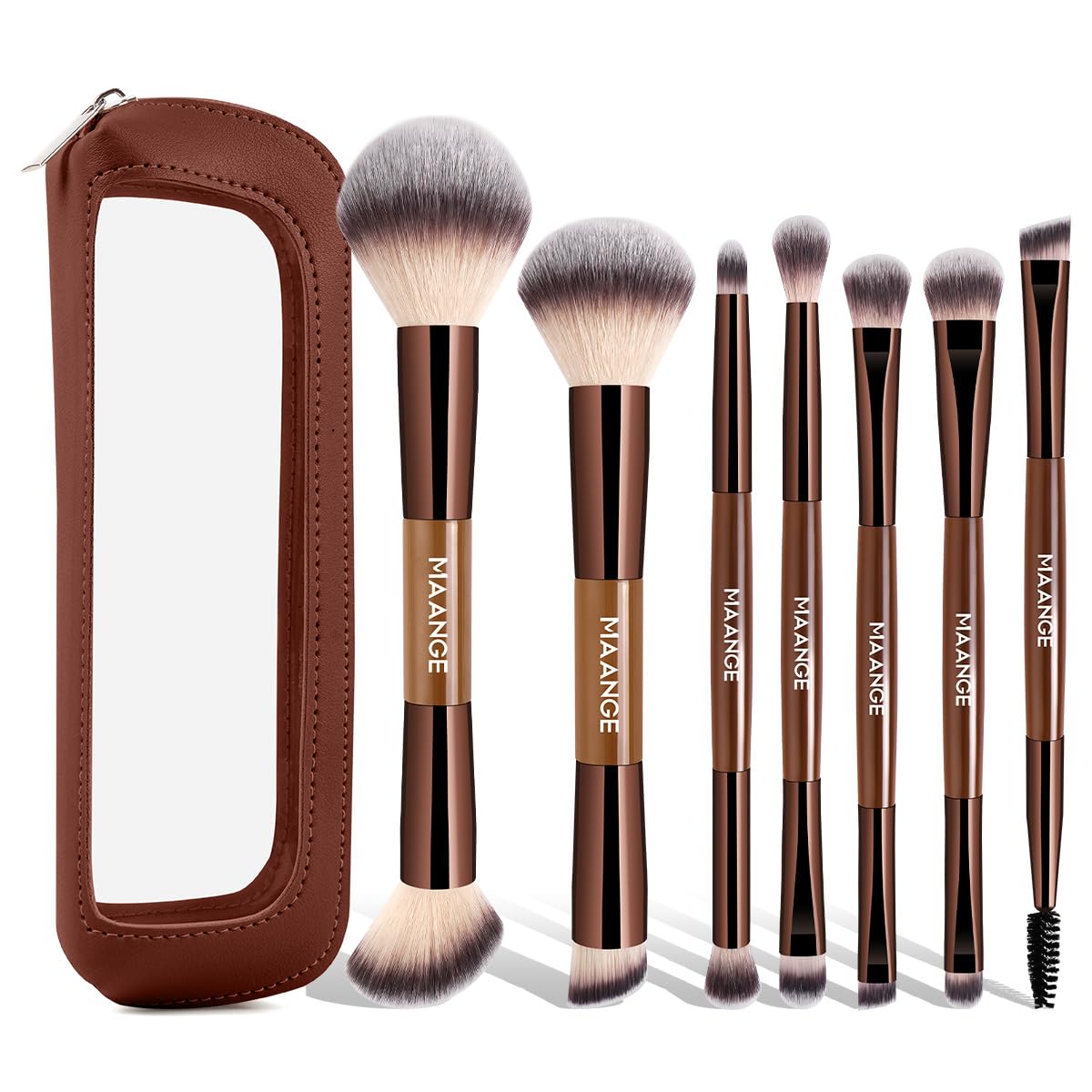 MAANGE 7-pcs brush set with apricot bag for flawless full-face makeup.