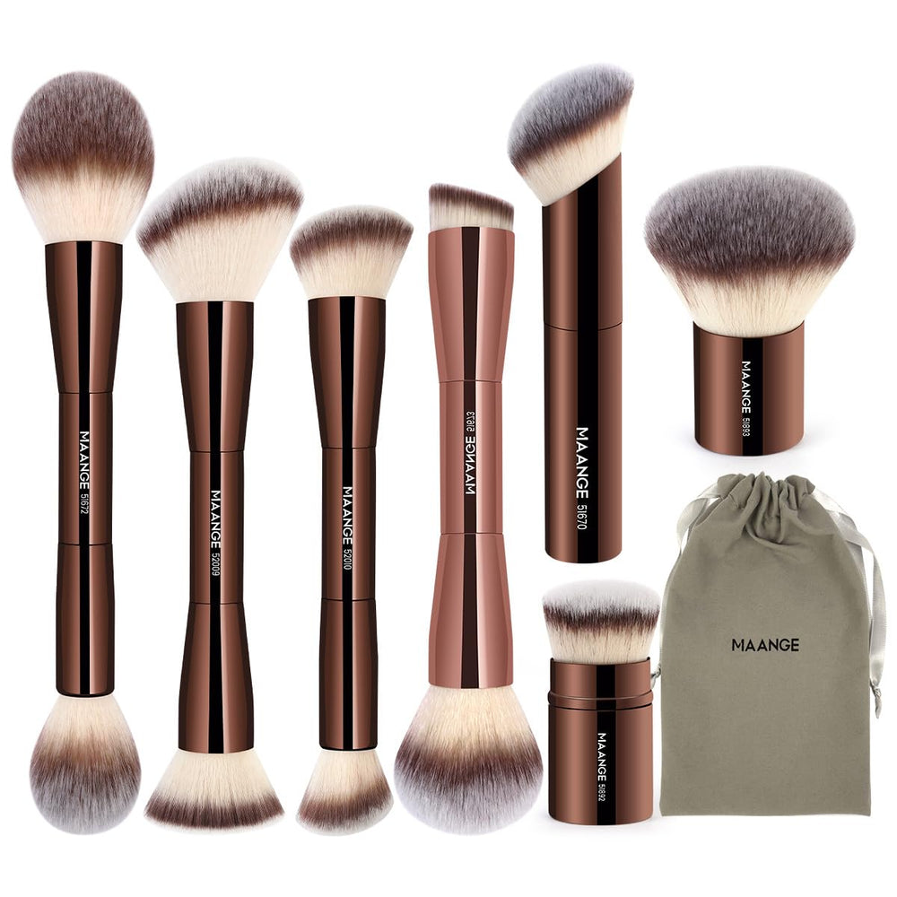 MAANGE coffee 7pc brush set packaging view highlights easy storage and quick makeup prep.