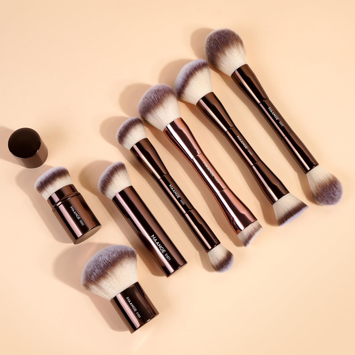 MAANGE coffee brush-bristles close-up reveals soft bristles for gentle makeup application.
