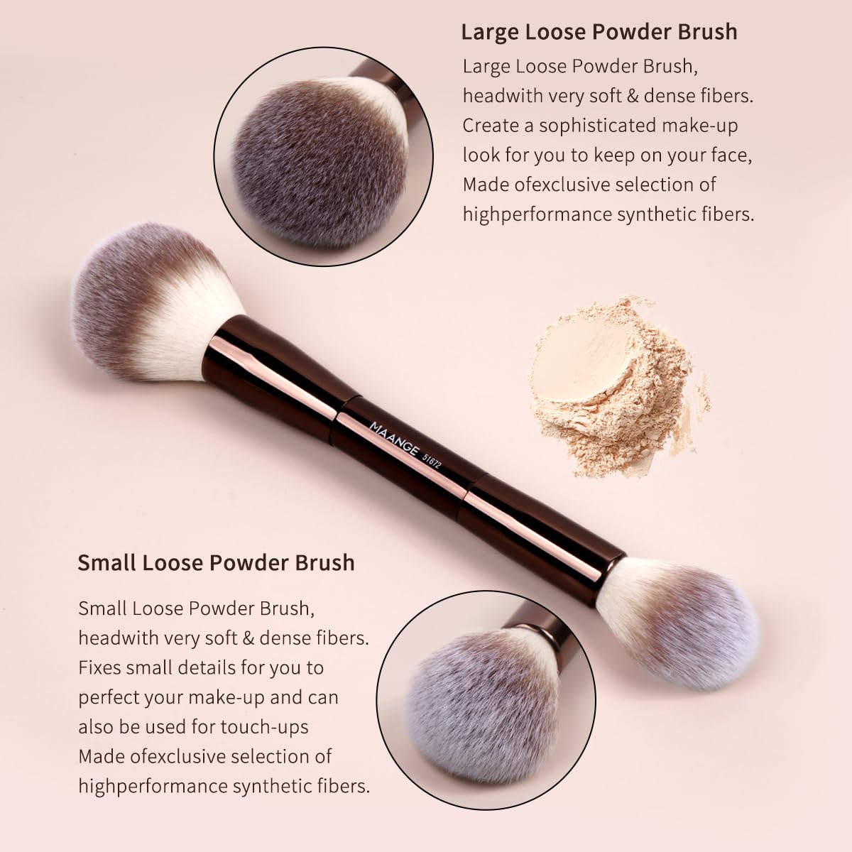 MAANGE dual-head brush for powder and blush creates seamless finishing.