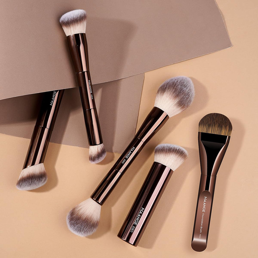 MAANGE ergonomic-angle brush follows facial curves for easy blending.