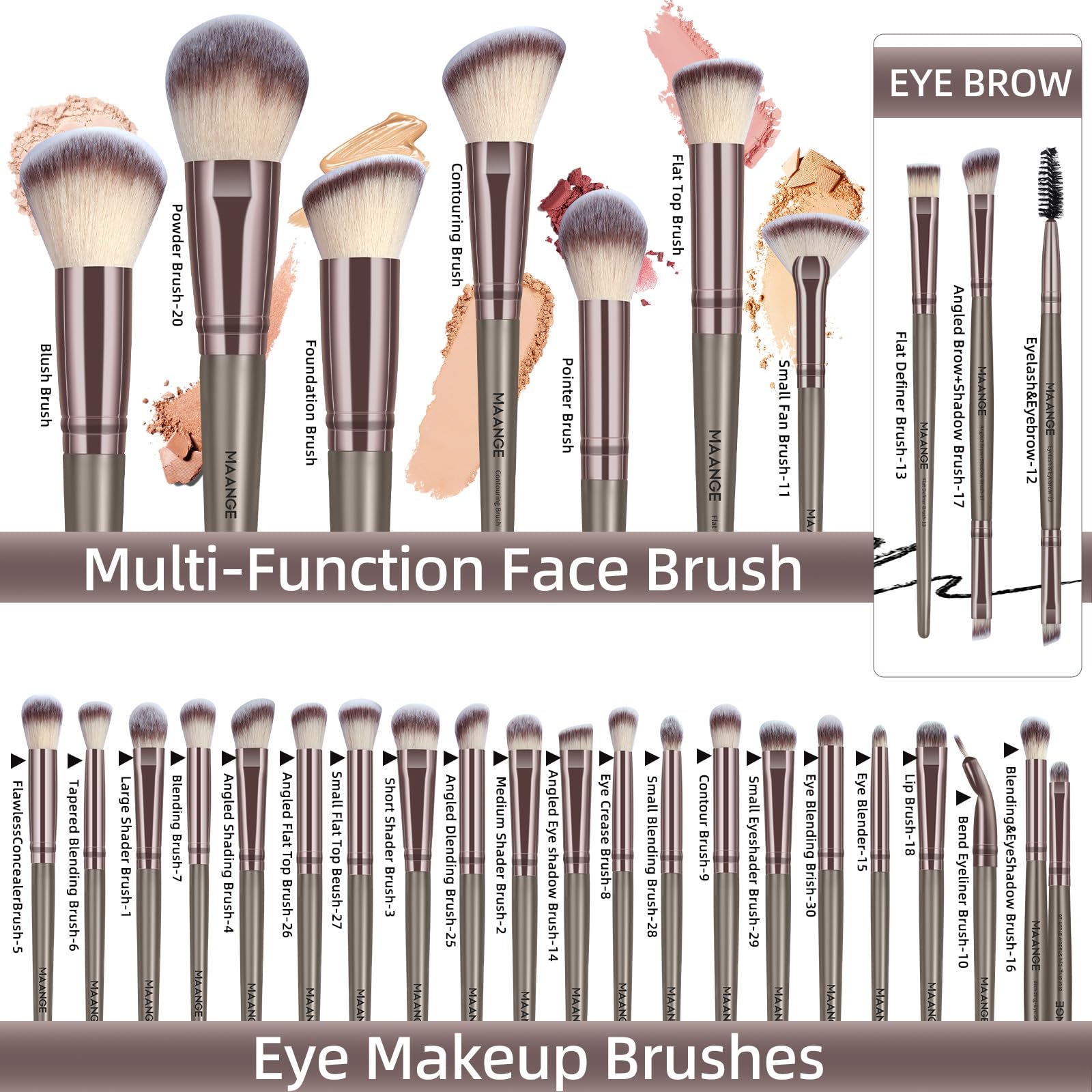 MAANGE eyeshadow blending brush with dense bristles for seamless shade application.