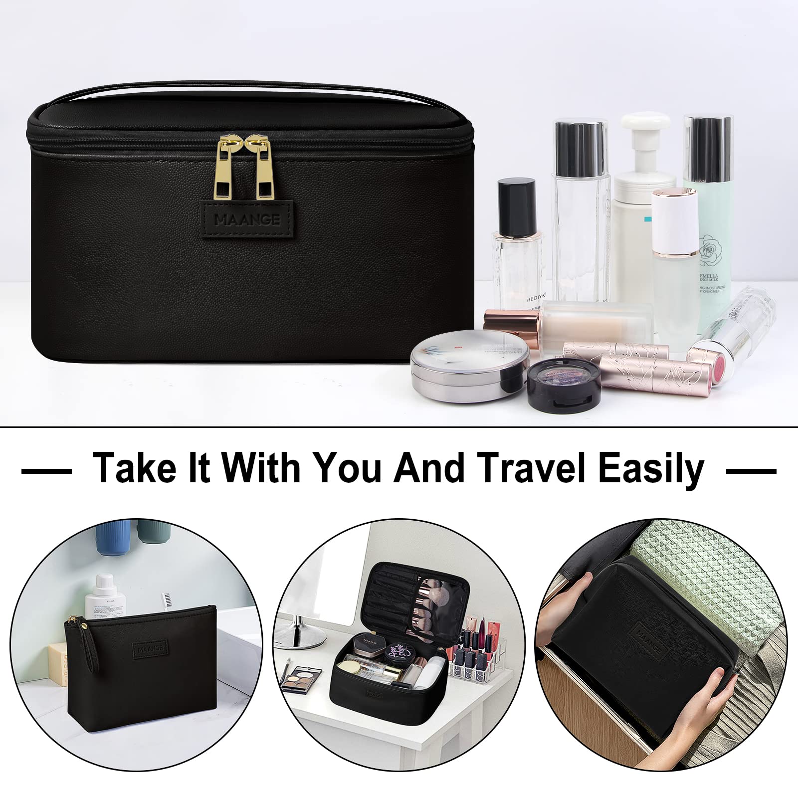 MAANGE makeup bag brush compartment – keeps brushes dust-free and organized