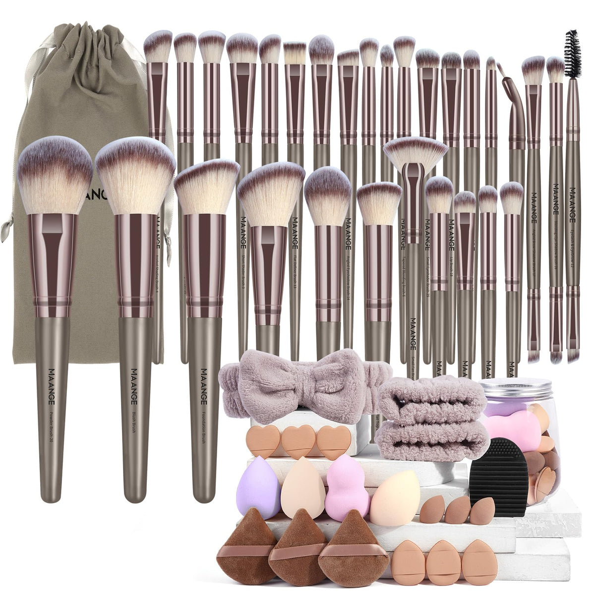 MAANGE makeup brushes 51-piece kit with Champagne bag for versatile daily makeup.