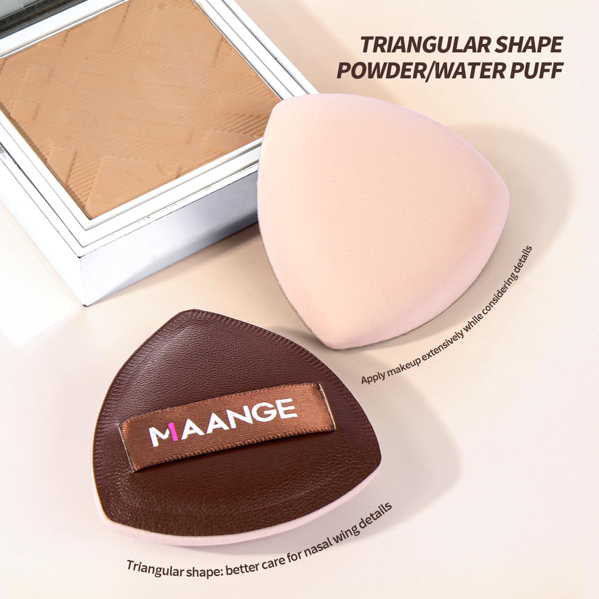 MAANGE triangle powder puff included for even powder application.