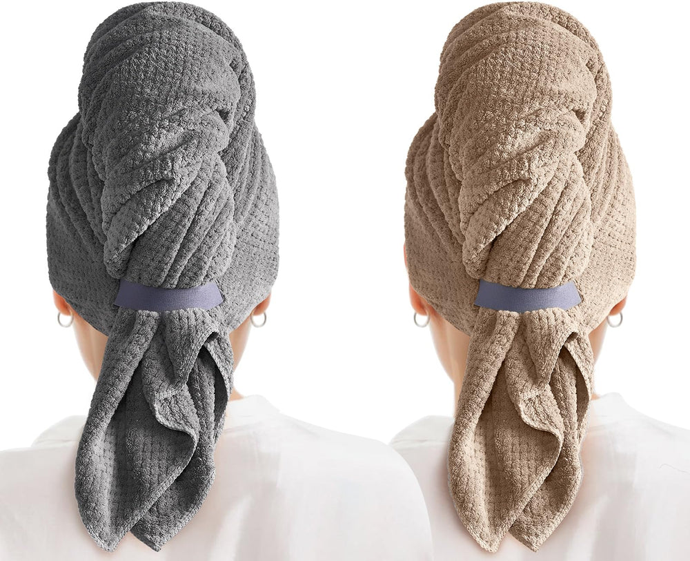 MABAO microfiber hair towel wrap gray on head speeds drying and keeps hair secure
