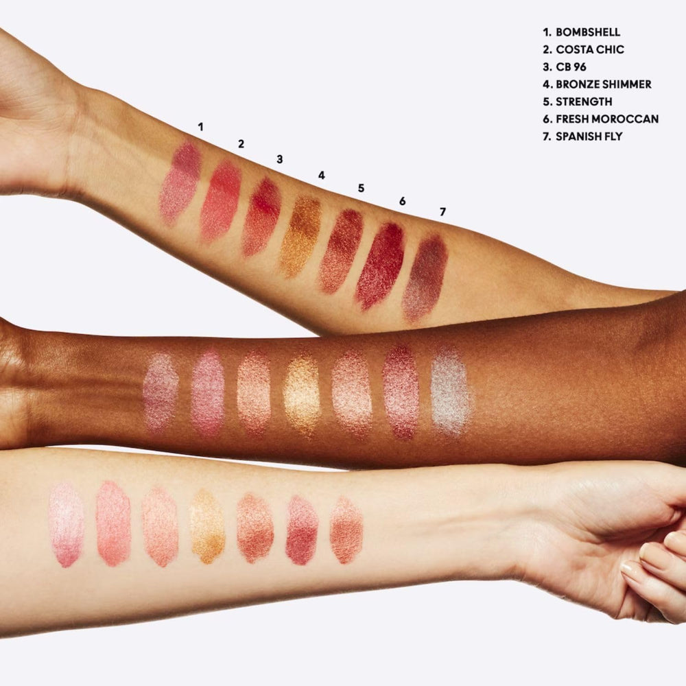 MAC Frost Lipstick Bronze Shimmer worn on lips for glossy, comfortable coverage with shine.
