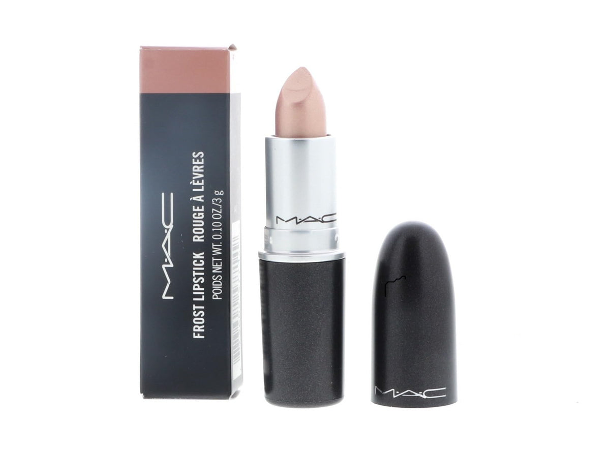 MAC Frost Lipstick Gel Beige Glow on lips for radiant shimmer