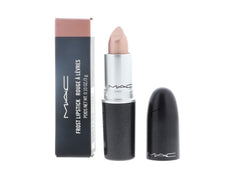 MAC Frost Lipstick Gel Beige Glow on lips for radiant shimmer