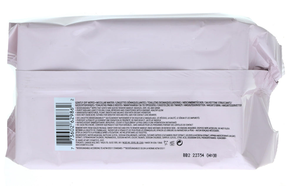 MAC Gently Off Wipes lid shown, keeps wipes fresh for on-the-go cleansing.