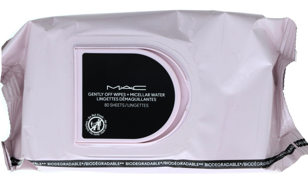 MAC Gently Off Wipes packaging demonstrates premium travel-ready design.