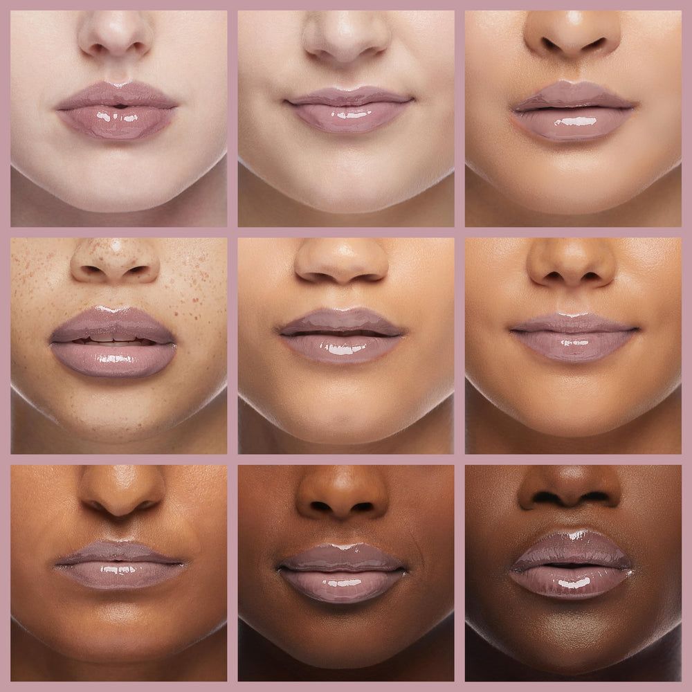 MAC Lipglass Oyster Girl worn on lips for long-lasting gloss.