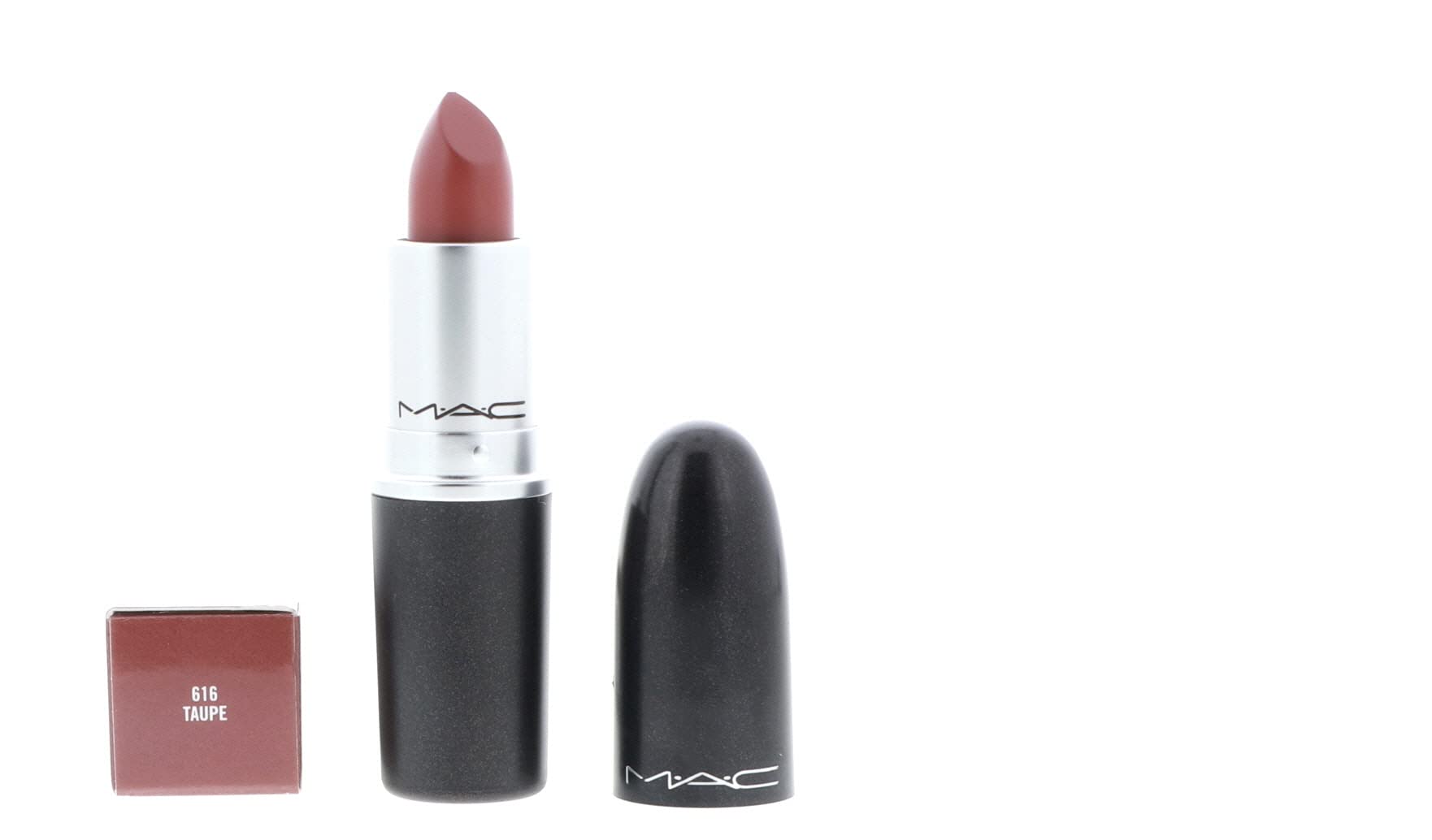 MAC Lipstick Taupe packaging emphasizes compact design and easy portability.