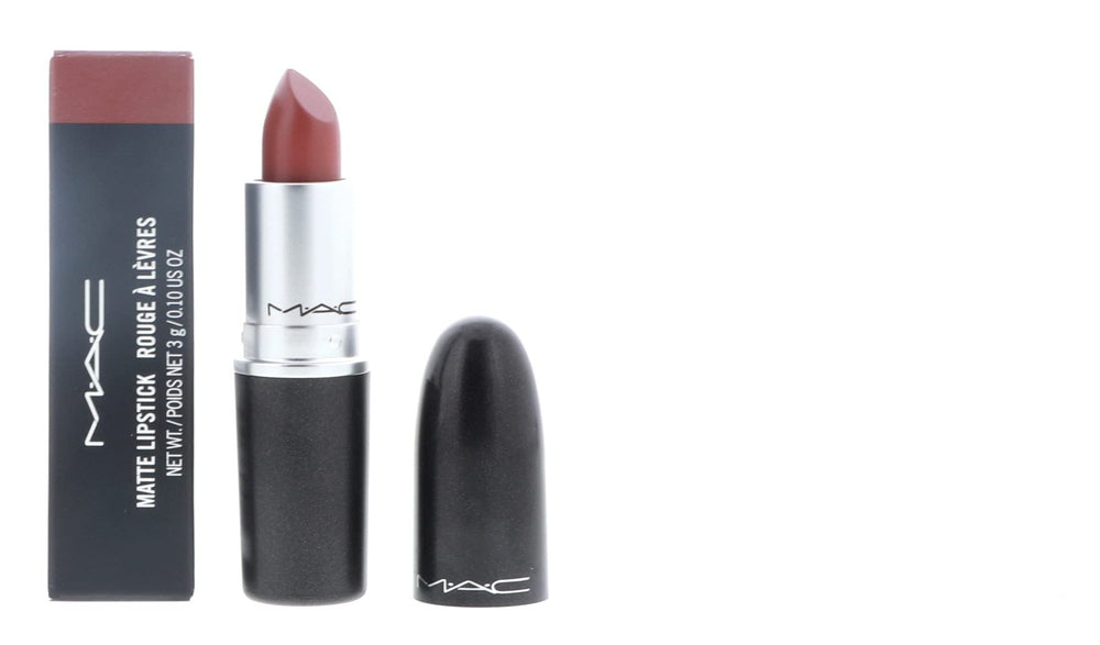 MAC Lipstick Taupe swatches show muted reddish-taupe shade for refined lips.