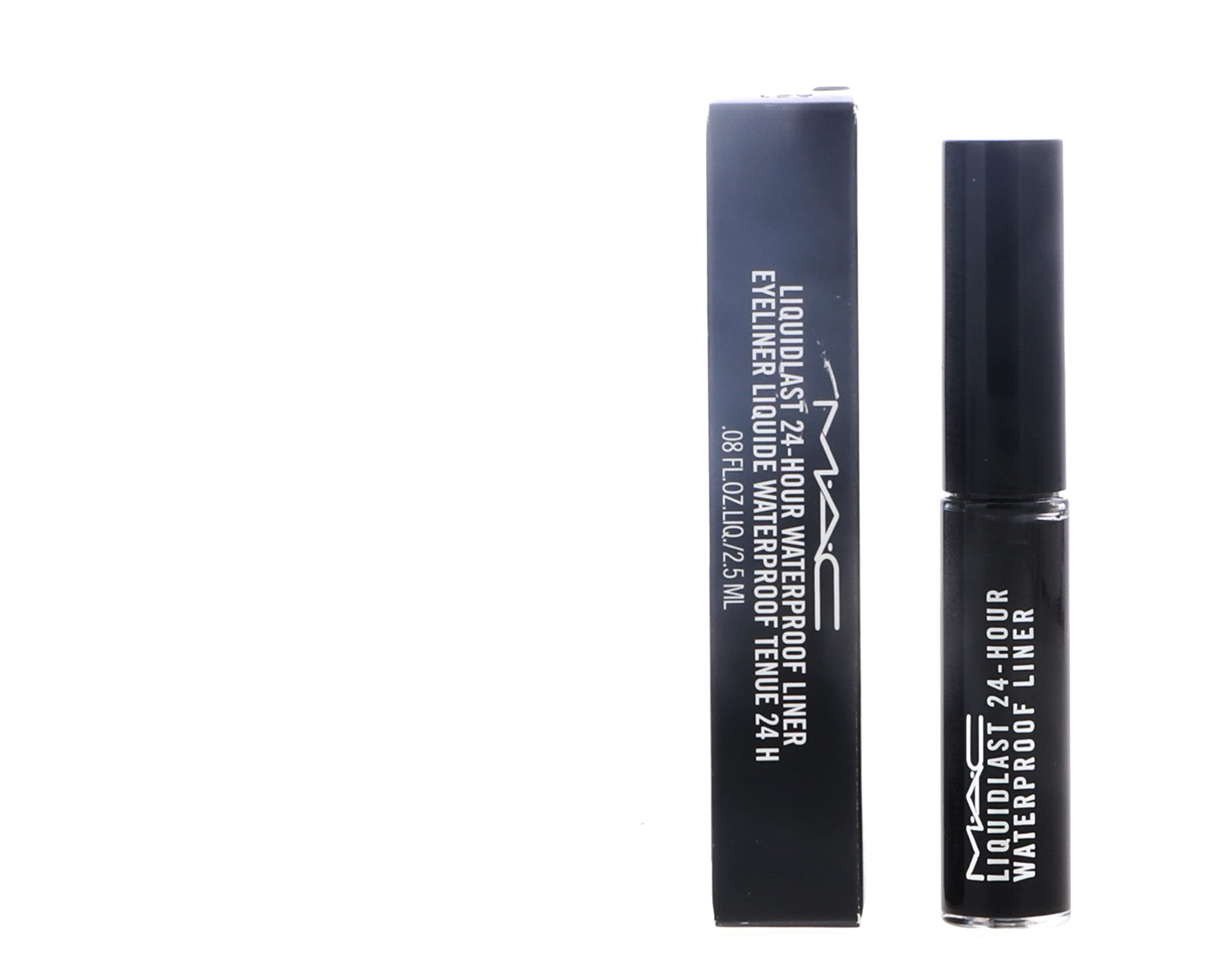 MAC Liquidlast Liner Point Black brush-tip closeup highlights ultra-precise control for crisp edges.