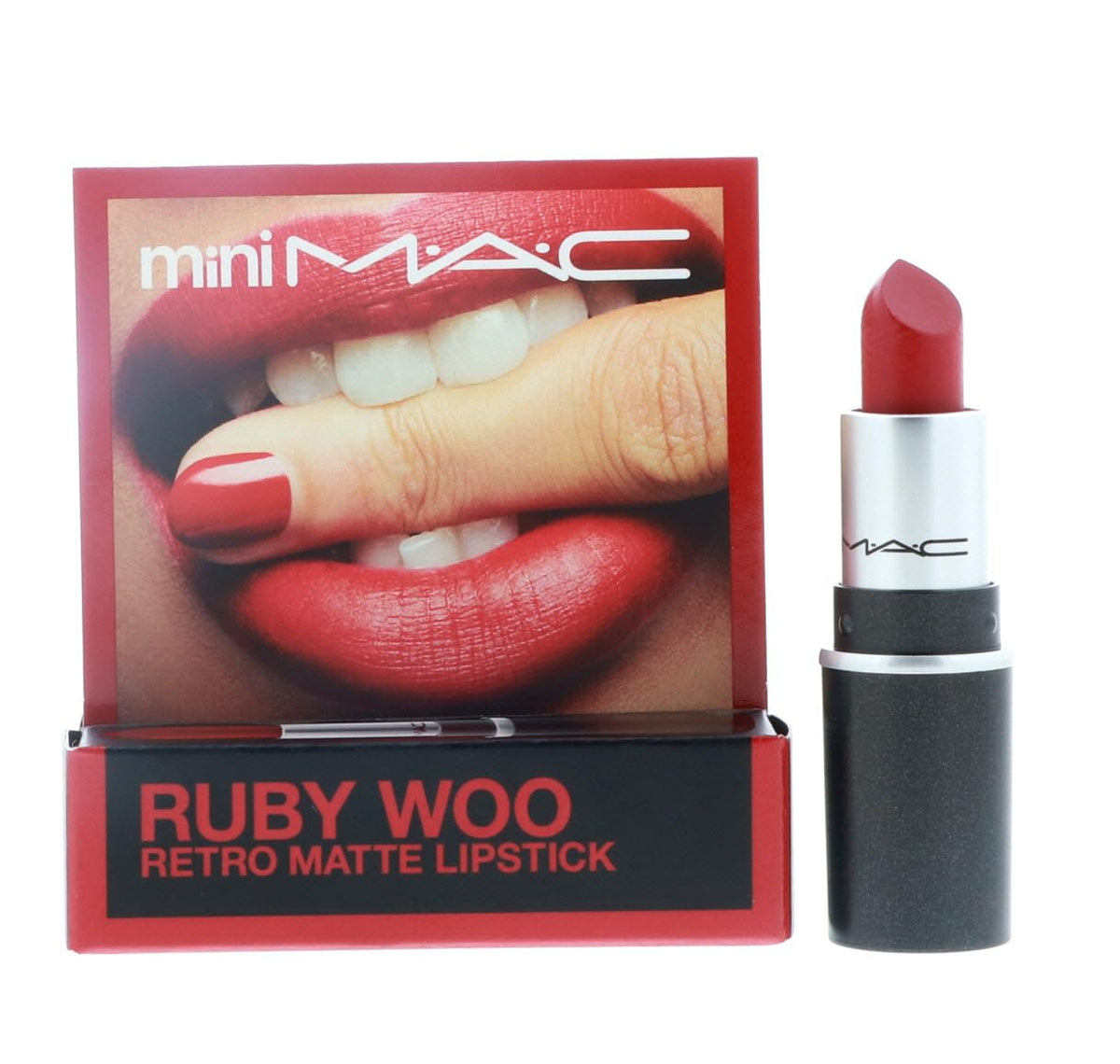 MAC Little Lipstick Ruby Woo swatch on lips for a bold red shade