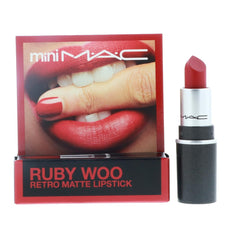 MAC Little Lipstick Ruby Woo swatch on lips for a bold red shade