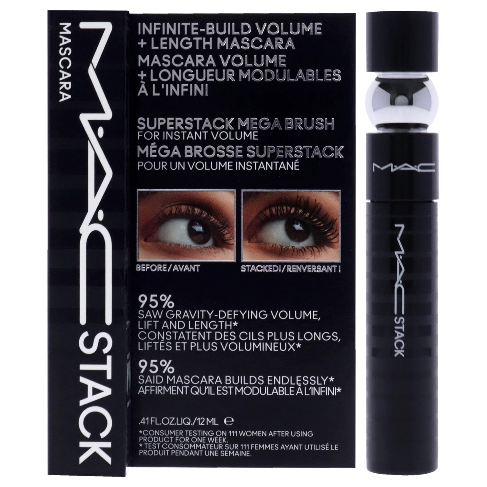 MAC MacStack mascara closeup highlights bold pigment for defined lashes.