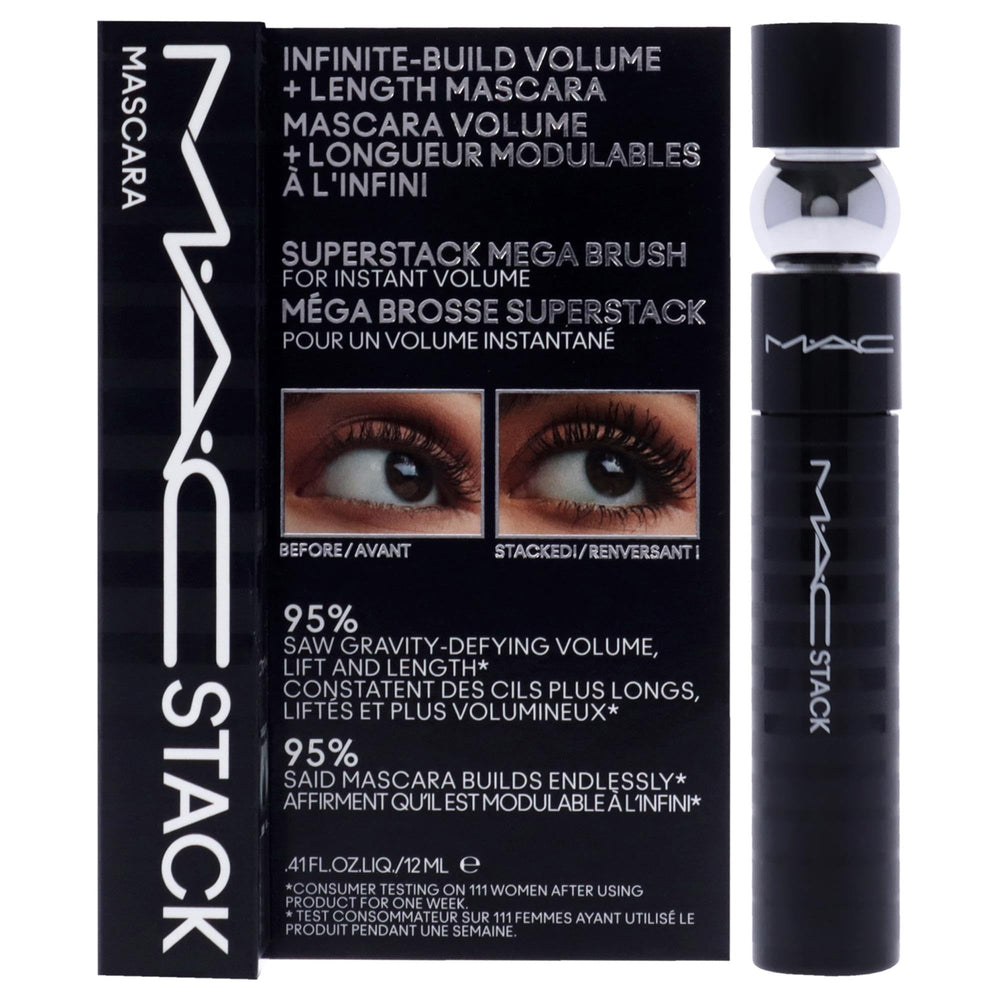 MAC MacStack mascara closeup highlights bold pigment for defined lashes.
