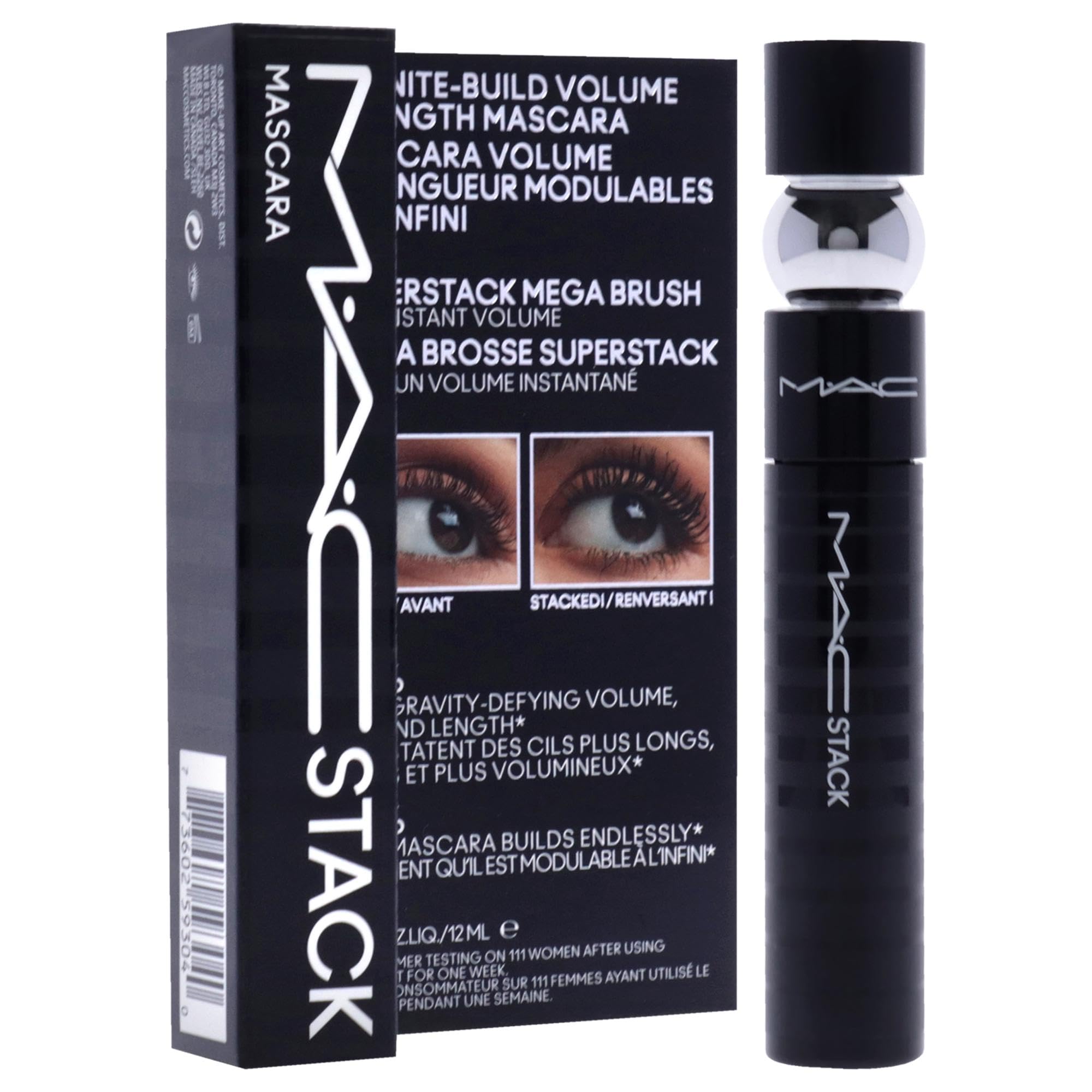 MAC MacStack mascara on lashes demonstrates buildable length and drama.