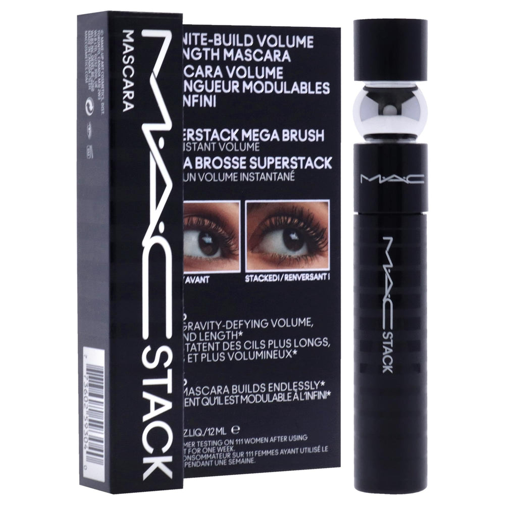 MAC MacStack mascara on lashes demonstrates buildable length and drama.