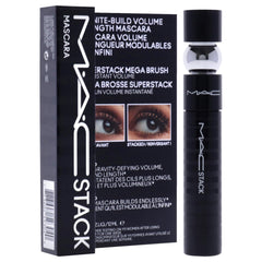 MAC MacStack mascara on lashes demonstrates buildable length and drama.