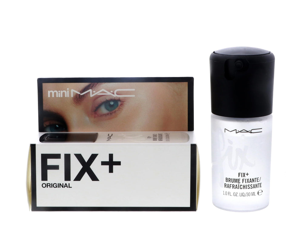 MAC Prep Plus Fix Plus mist mini spray closeup promotes hydrated makeup with radiant finish.