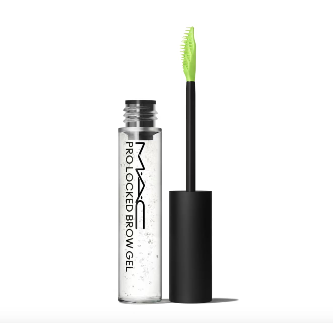 MAC Pro Locked Brow Gel Clear with dual-sided brush enables customizable shaping.