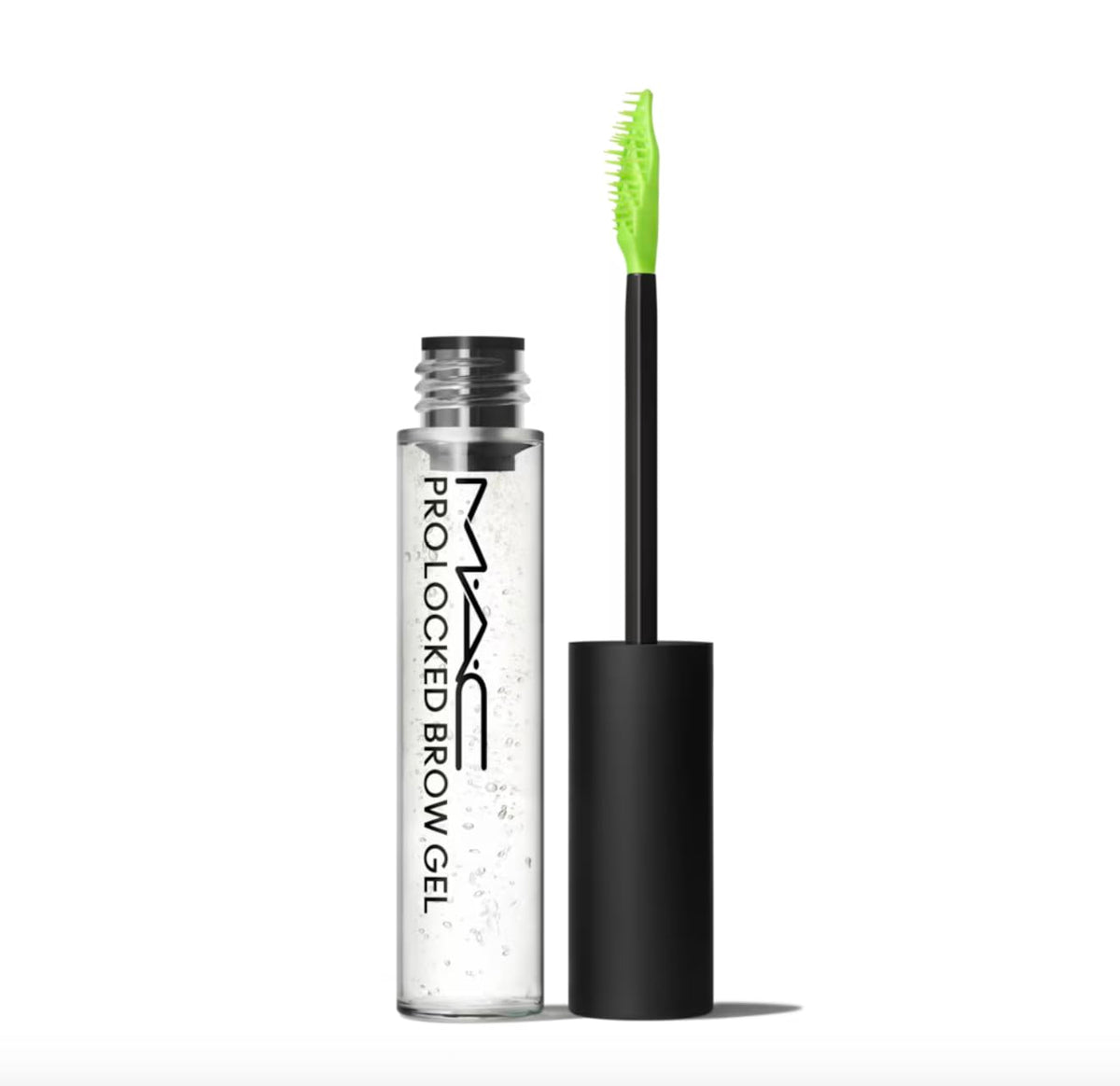 MAC Pro Locked Brow Gel Clear with dual-sided brush enables customizable shaping.