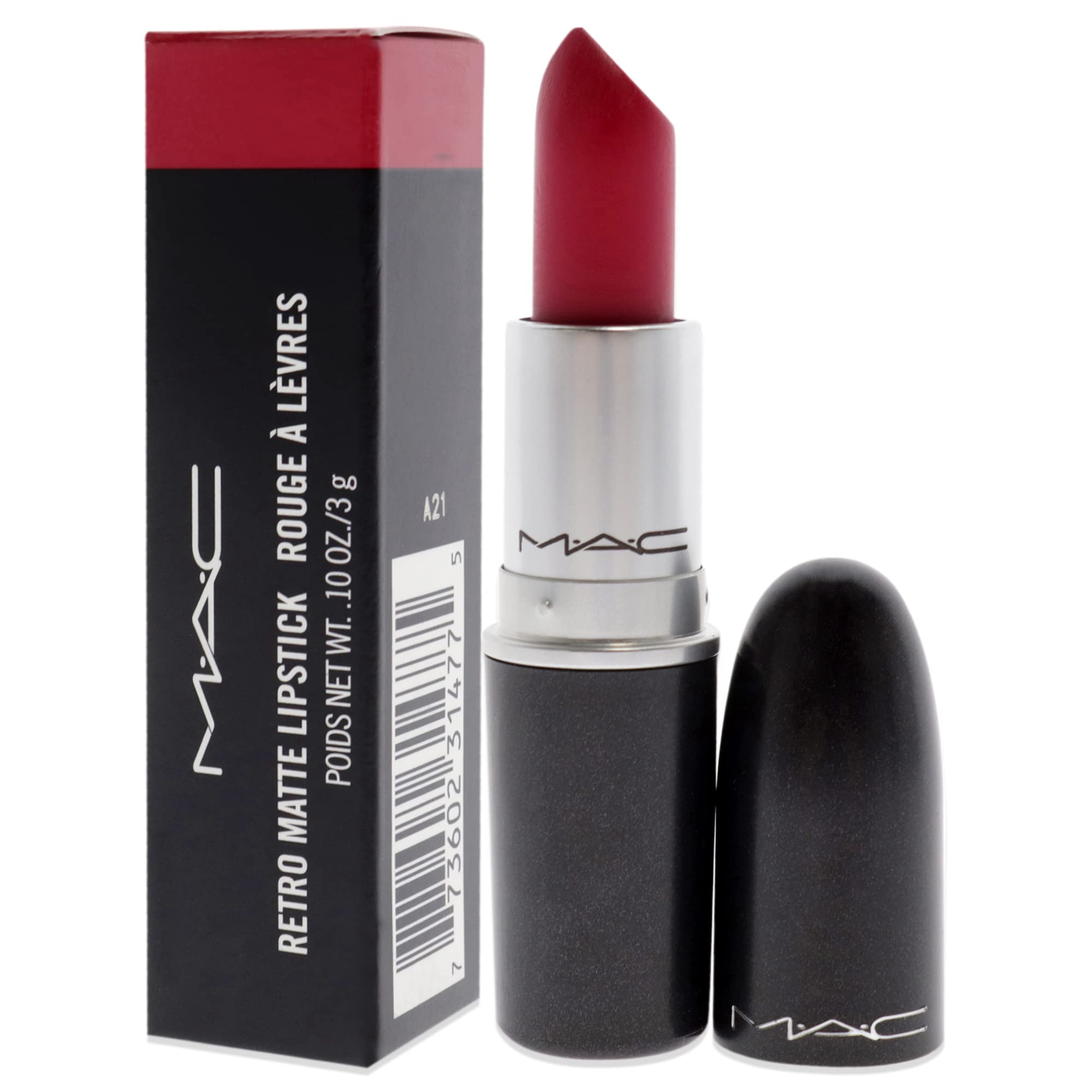MAC Retro Matte lipstick close-up shows cushiony texture that softens lip lines.