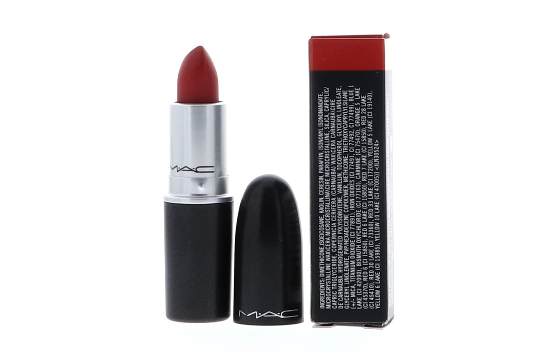 MAC Ruby Woo application close-up highlights smooth matte texture.
