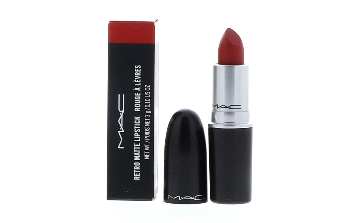 MAC Ruby Woo cap close-up showing bold matte red shade.