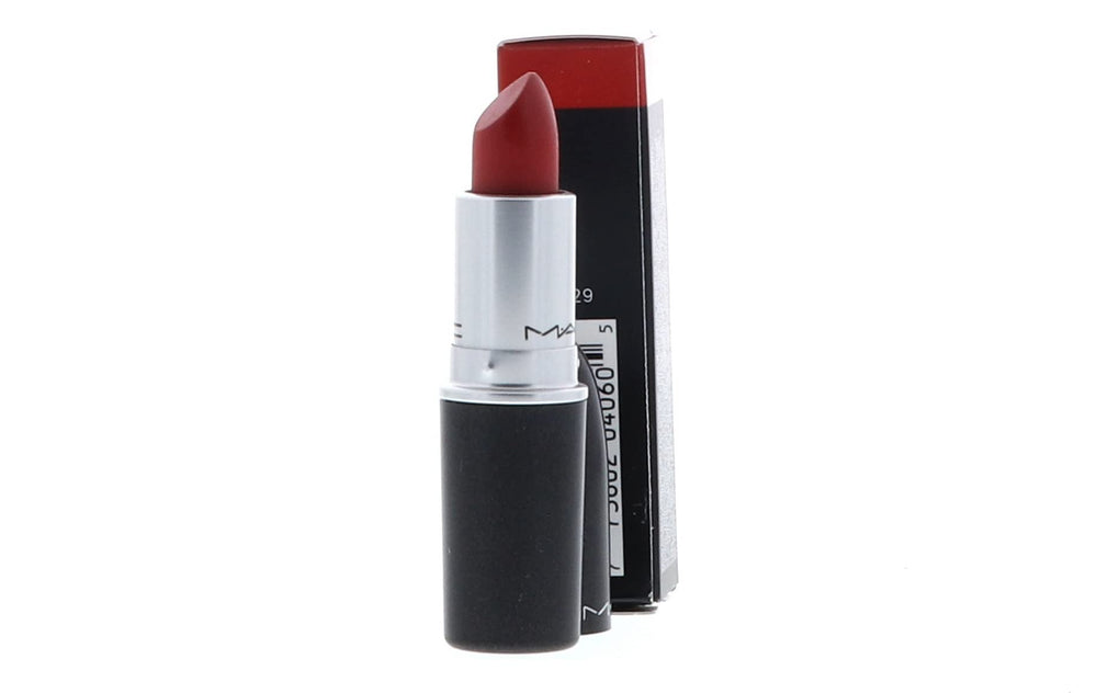 MAC Ruby Woo swatch on skin reveals vivid bluish-red matte payoff.