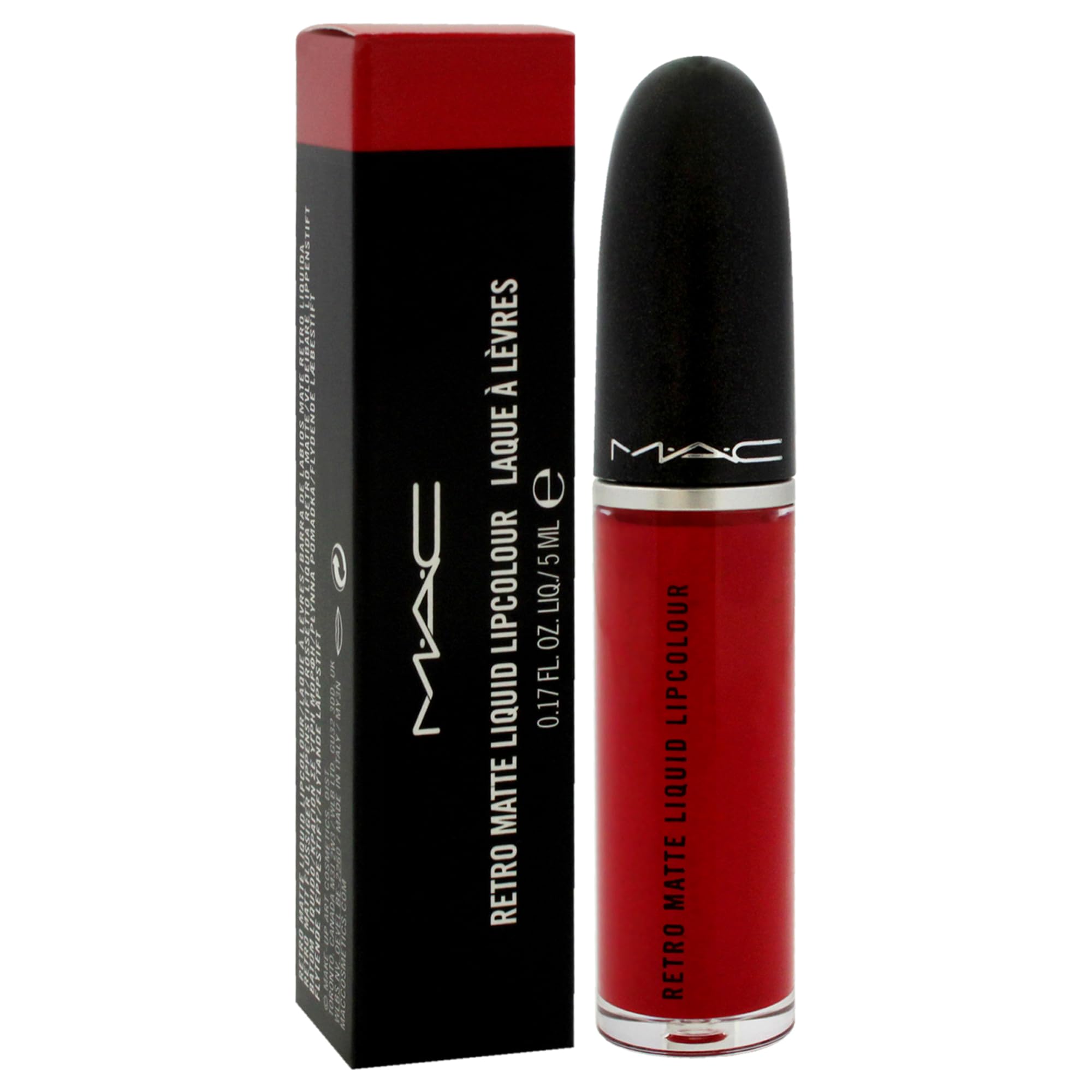 MAC Retro Matte Lipcolor 134 Ruby Phew on lips demonstrates long-lasting color without feathering.