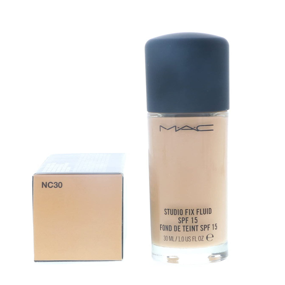 MAC Studio Fix Fluid Foundation NC30 swatch reveals warm golden shade for skin matching.