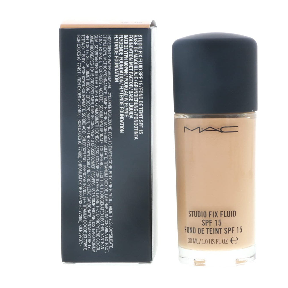 MAC Studio Fix Fluid Foundation SPF15 packaging image highlights portable, travel-friendly bottle.