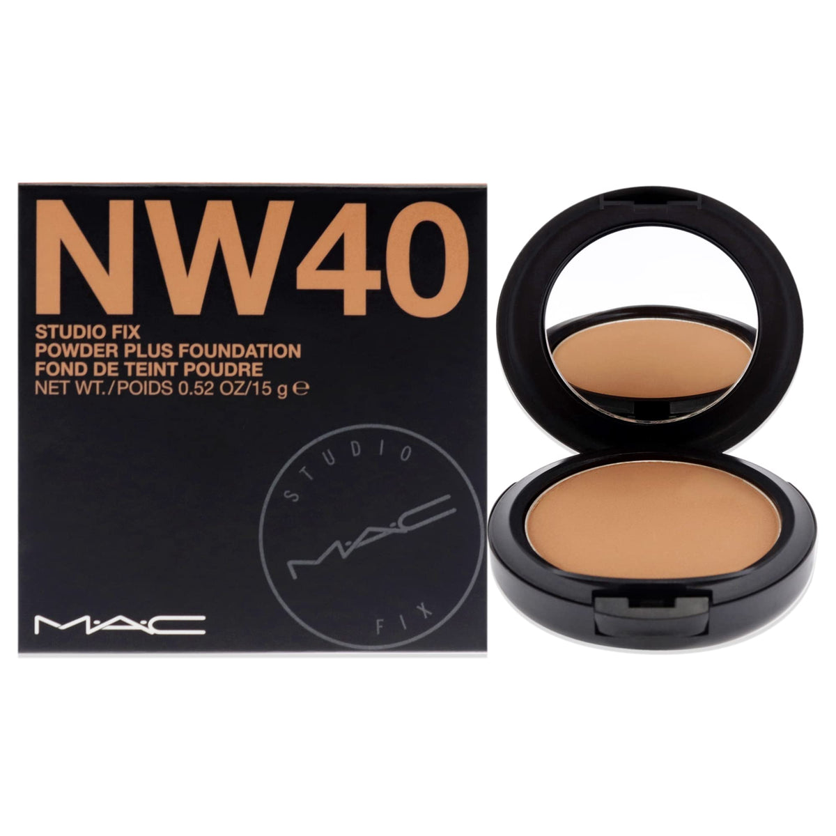 MAC Studio Fix powder NW40 compact close-up showing matte finish and minimized pores