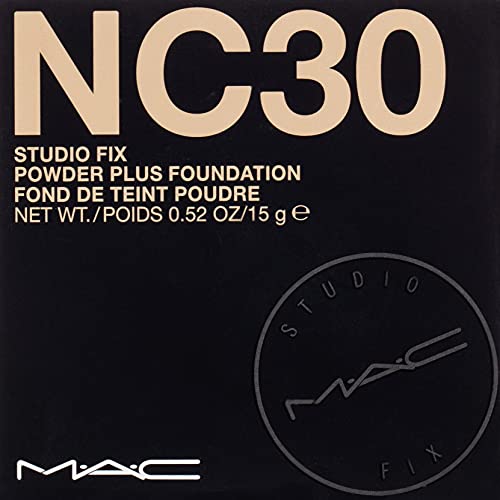 MAC Studio Fix Powder Plus Foundation NC30 closeup texture showcases velvety, non-cakey finish.