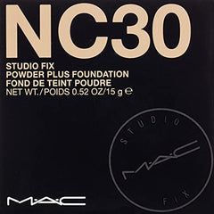 MAC Studio Fix Powder Plus Foundation NC30 closeup texture showcases velvety, non-cakey finish.