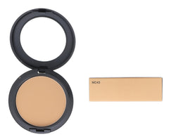 MAC Studio Fix Powder Plus Foundation NC43 application demonstrates all-day oil control and smooth texture.