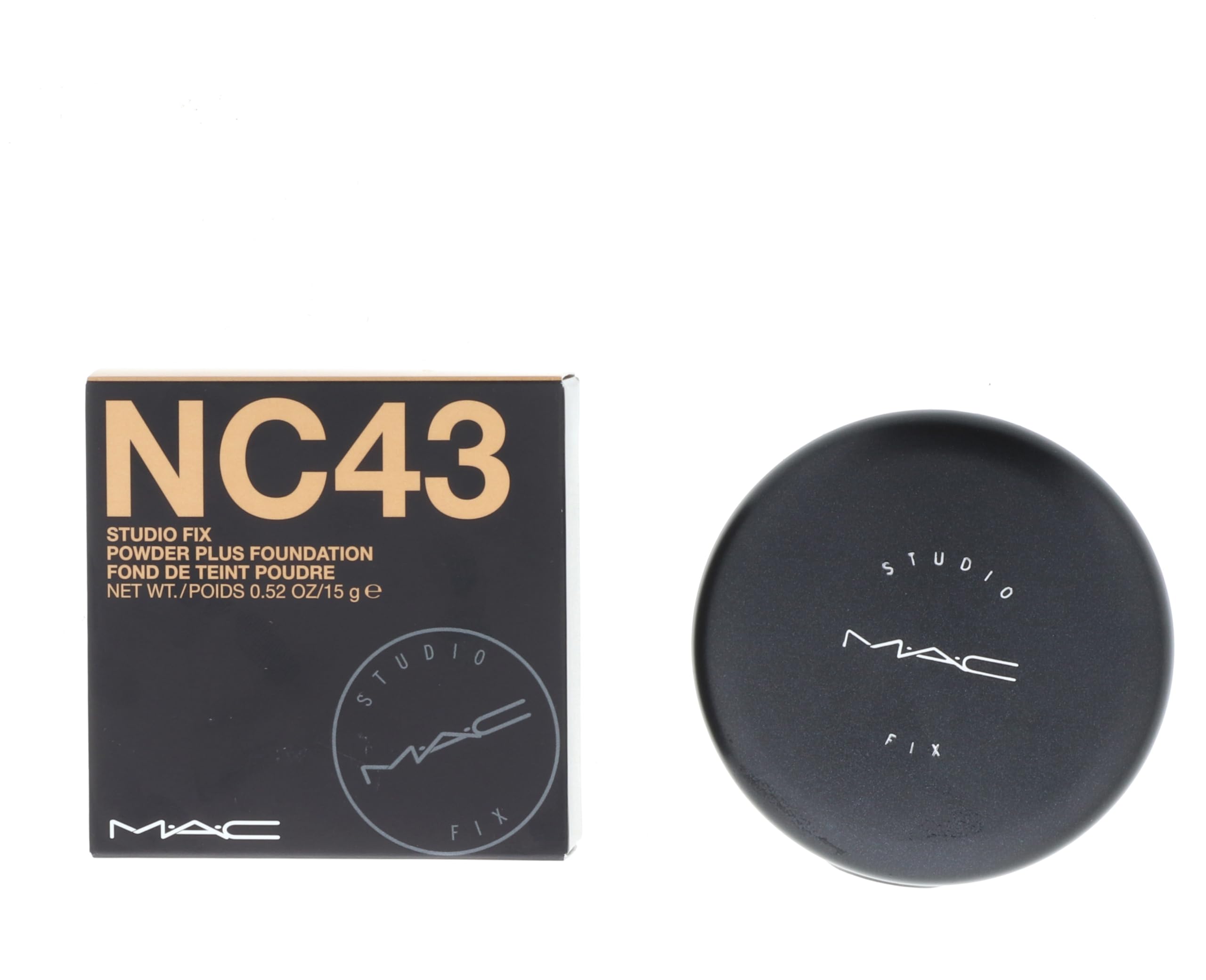 MAC Studio Fix Powder Plus Foundation NC43 compact shows matte finish and full coverage.