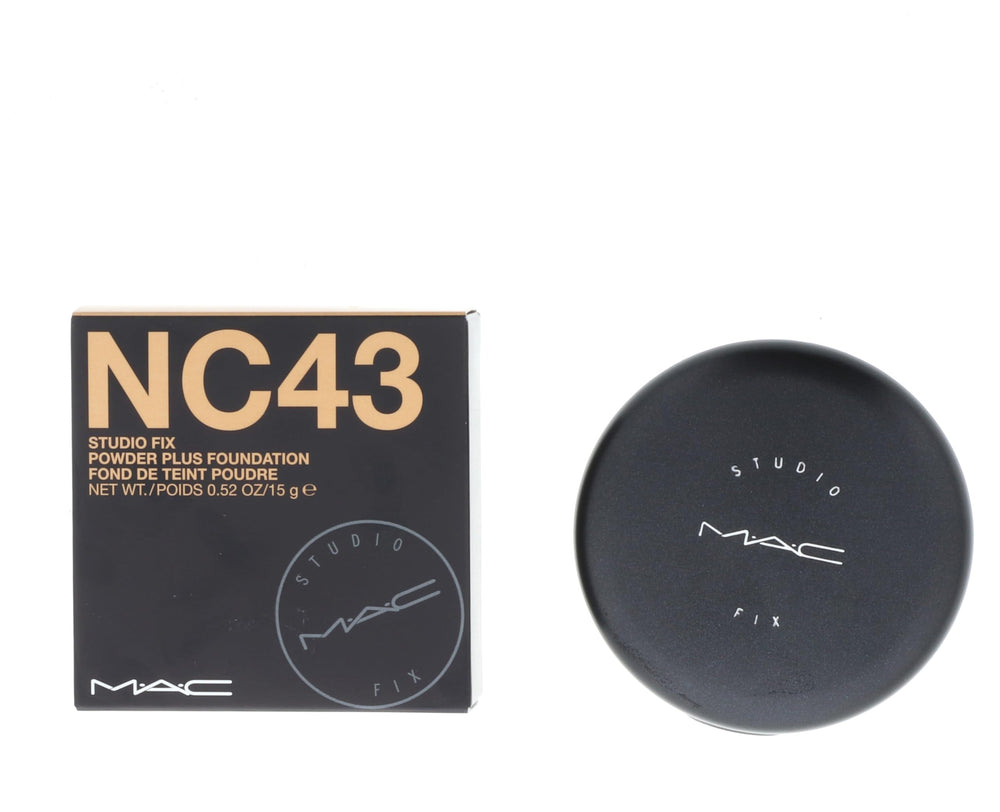 MAC Studio Fix Powder Plus Foundation NC43 compact shows matte finish and full coverage.