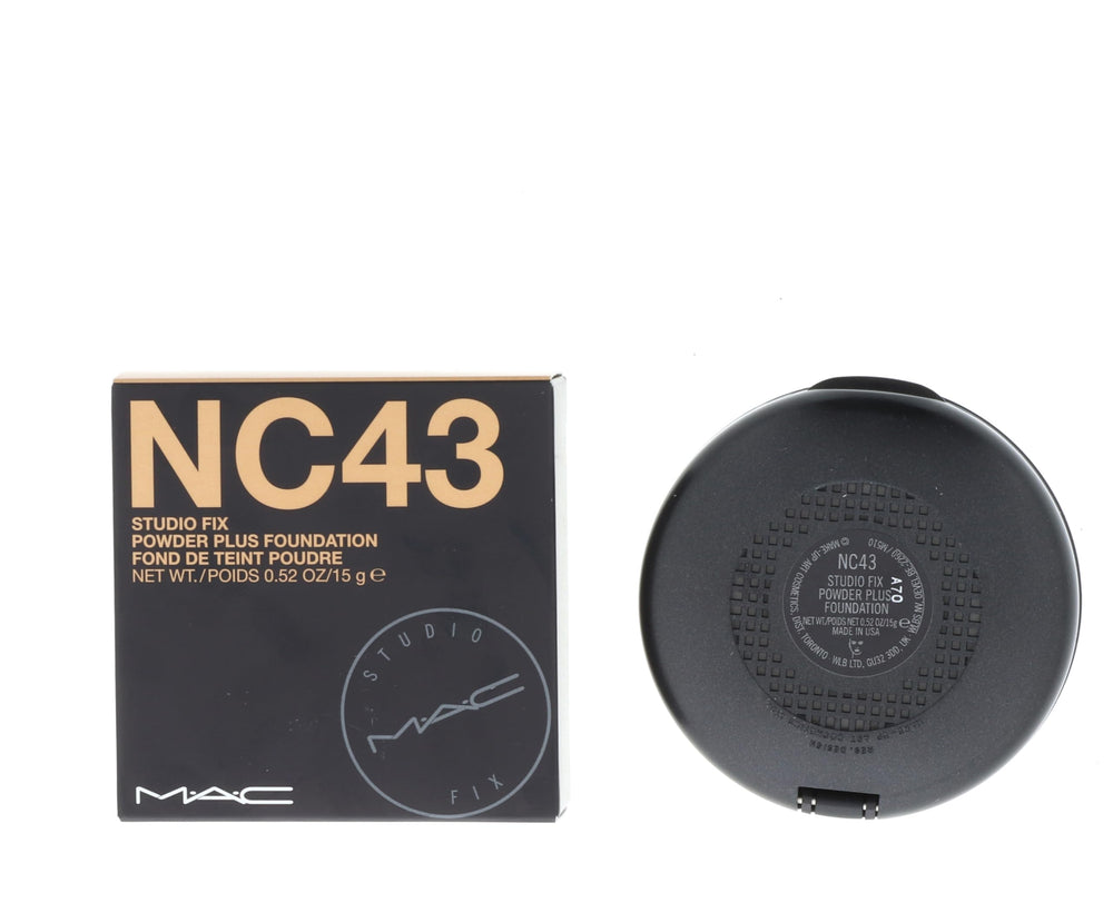 MAC Studio Fix Powder Plus Foundation NC43 swatches demonstrate shade match for flawless skin.