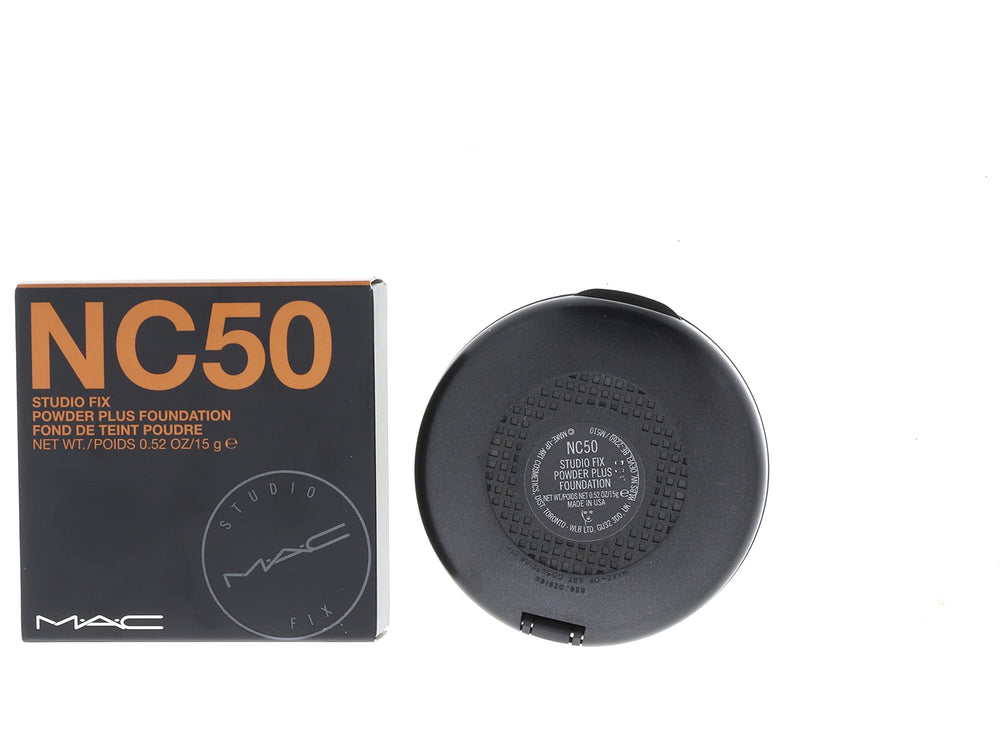 MAC Studio Fix Powder Plus Foundation NC50 included sponge for fuller coverage.