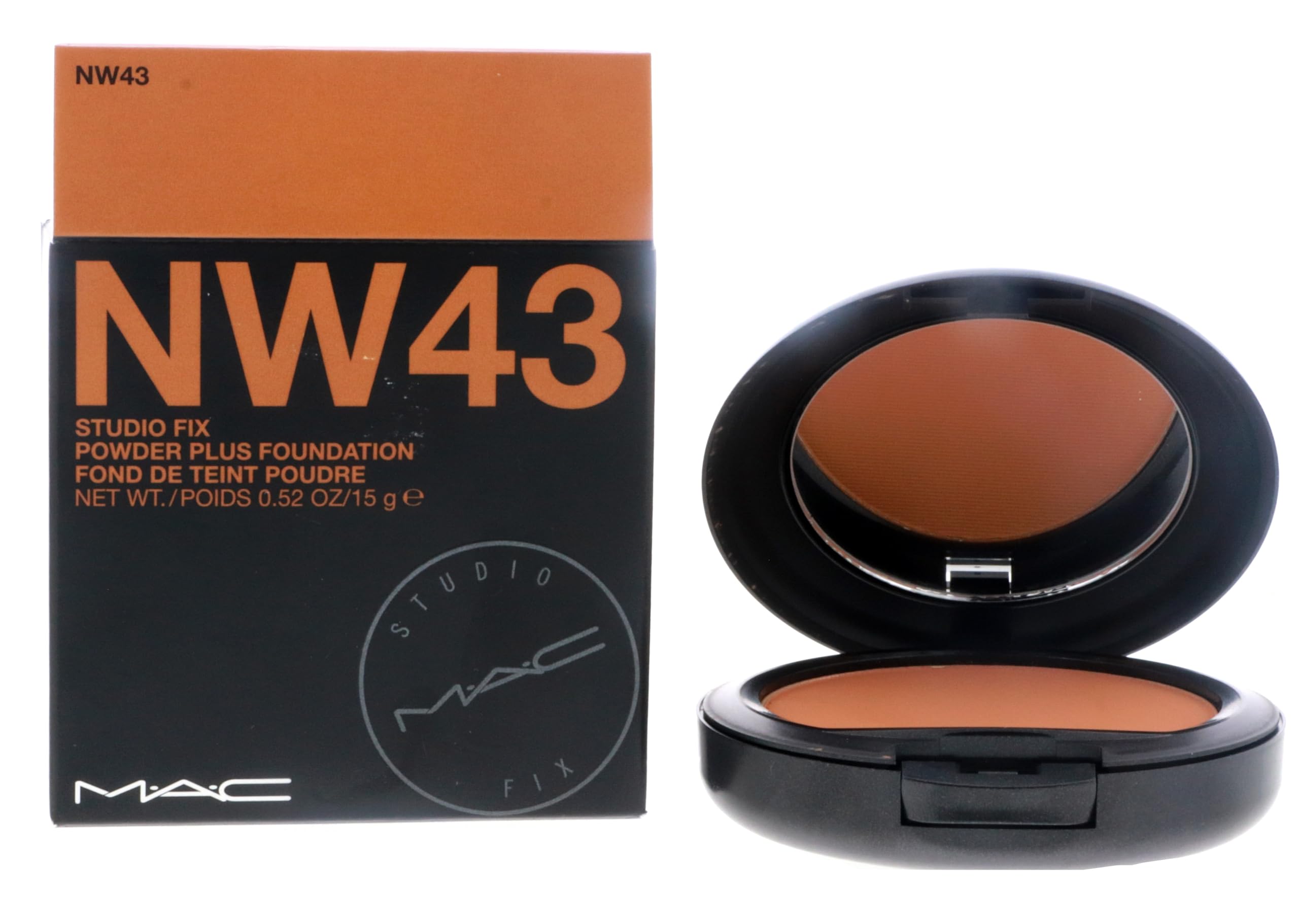 MAC Studio Fix Powder Plus Foundation NW43 compact close-up shows a silky matte finish for lasting coverage.