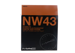 MAC Studio Fix Powder Plus Foundation NW43 swatches demonstrate even tone and full coverage potential.